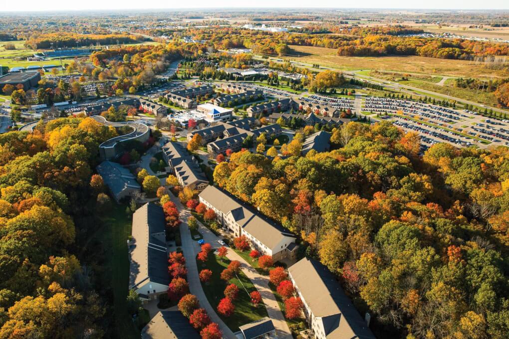 An aerial photo of North Campus housing and Kleiner on a Fall Day